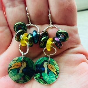 Colorful Handmade Printed Toucan Shell Pierced Leverback Dangle Earrings